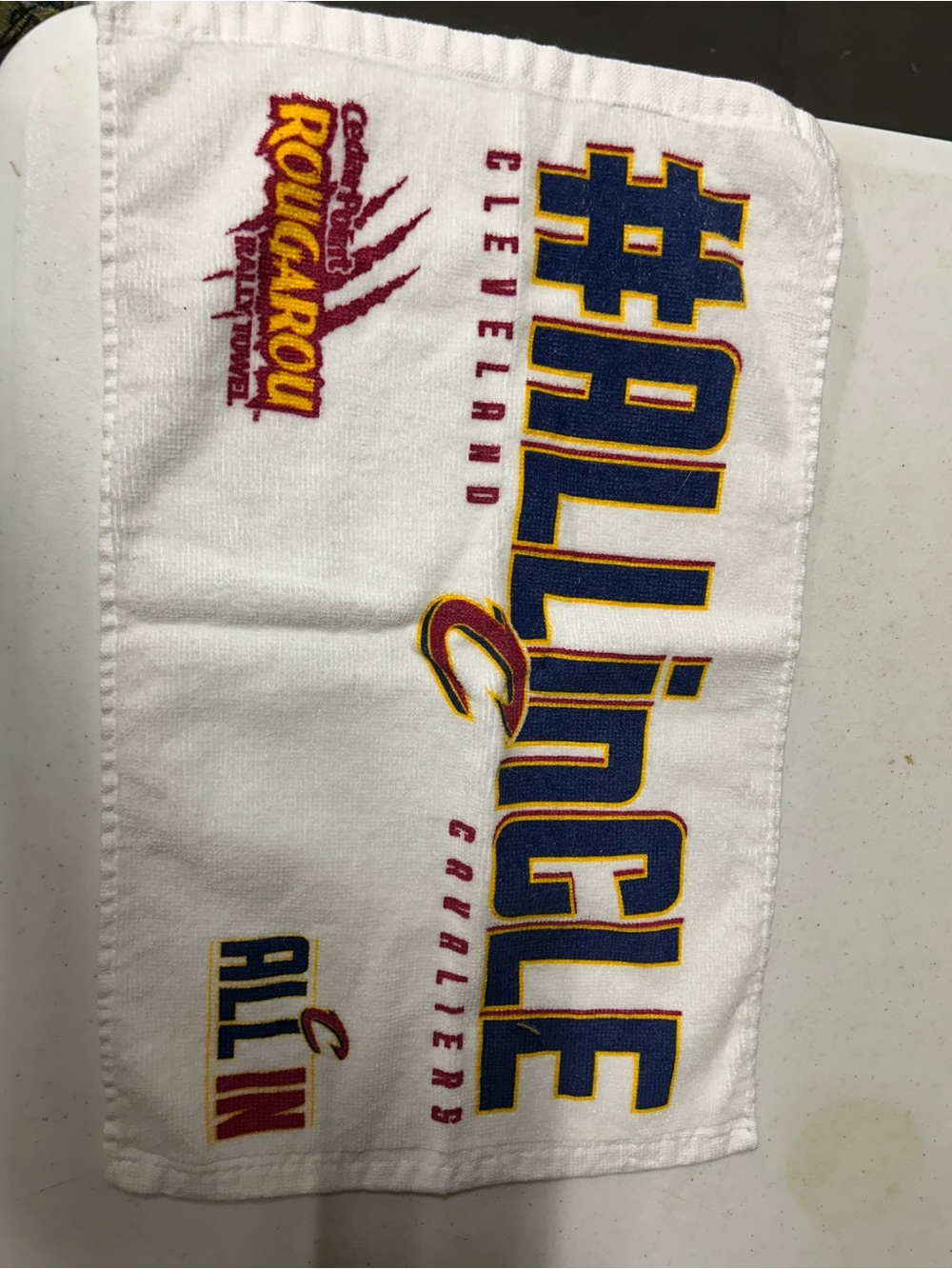 NBA Cleveland #AllIn White Rally Towel with Navy and Gold Accents